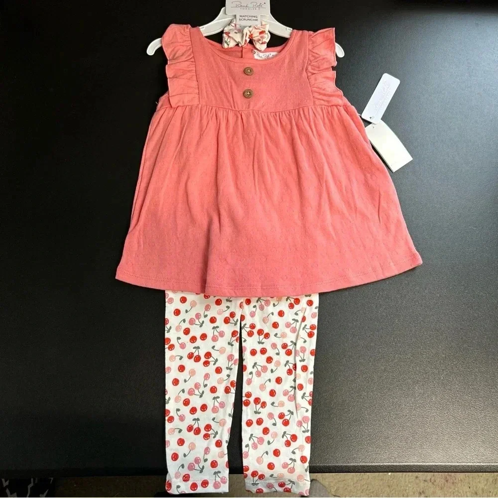 NWT Toddler Girls Rene Rofe’ 4T Outfit Set Pants Top & Scrunchie Cherries‎